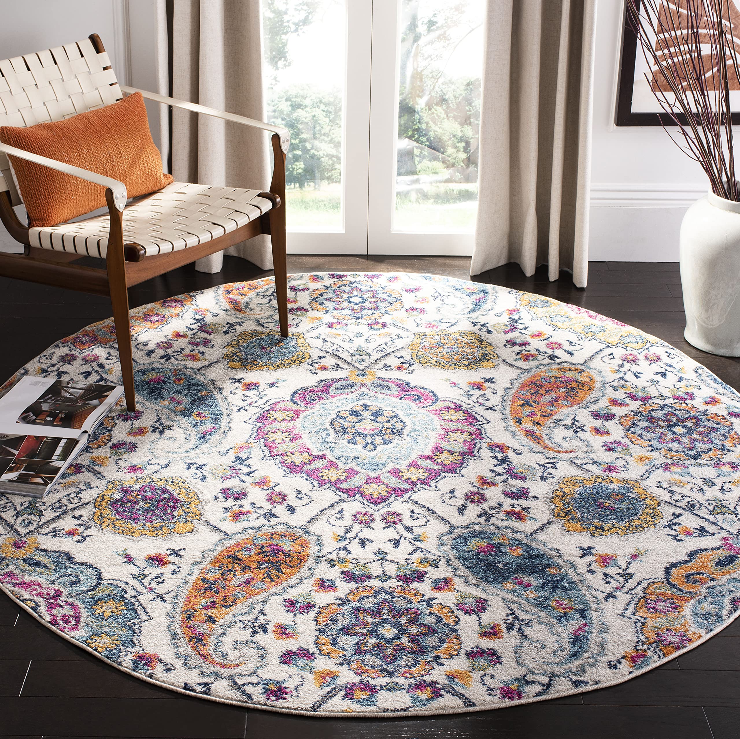 SAFAVIEH Madison Collection Area Rug - 6'7'' Round, Cream & Multi, Boho Chic Glam Paisley Design, Non-Shedding & Easy Care, Idea